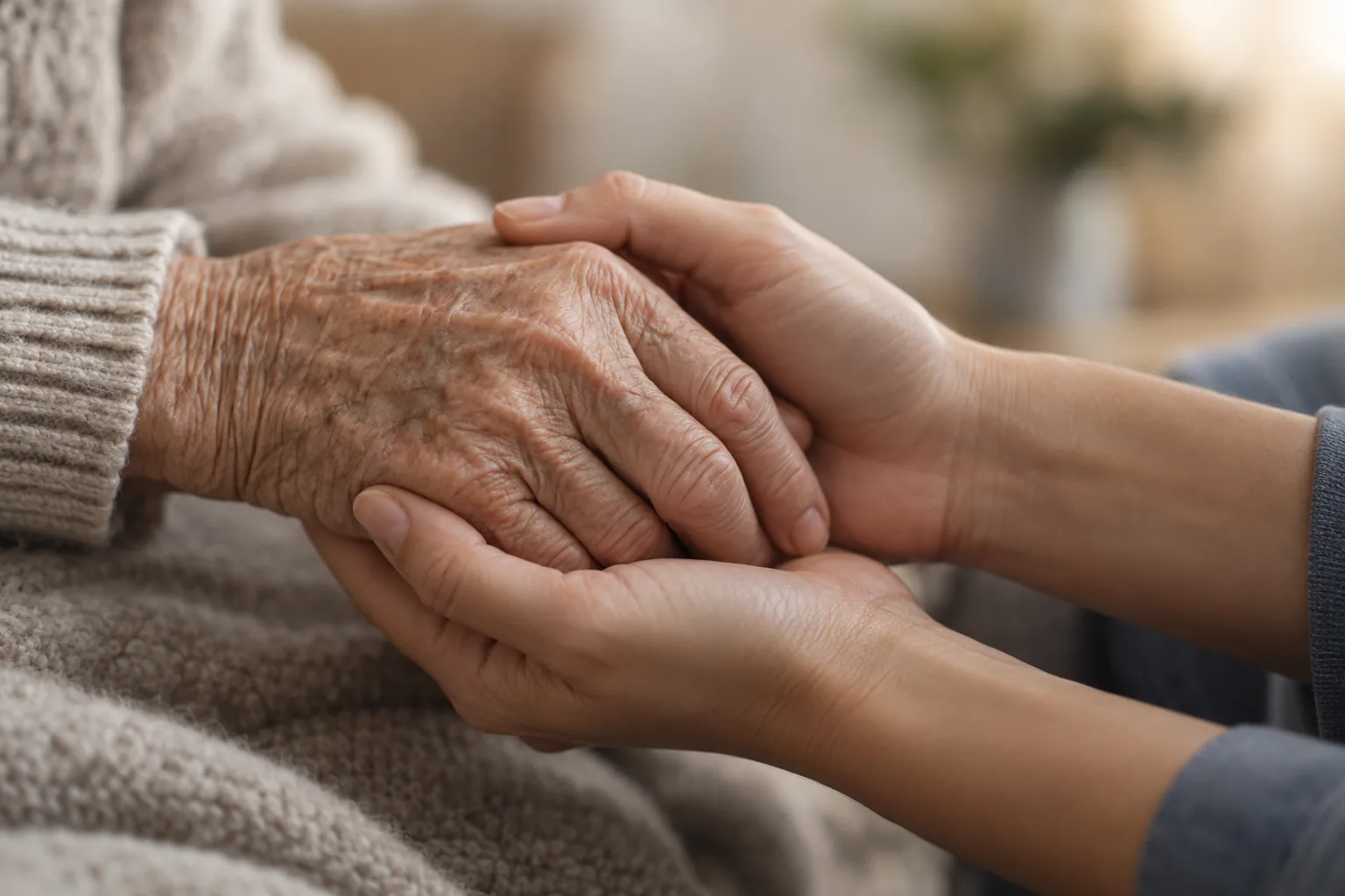 Alte Hand und junge Hand, die sich berühren