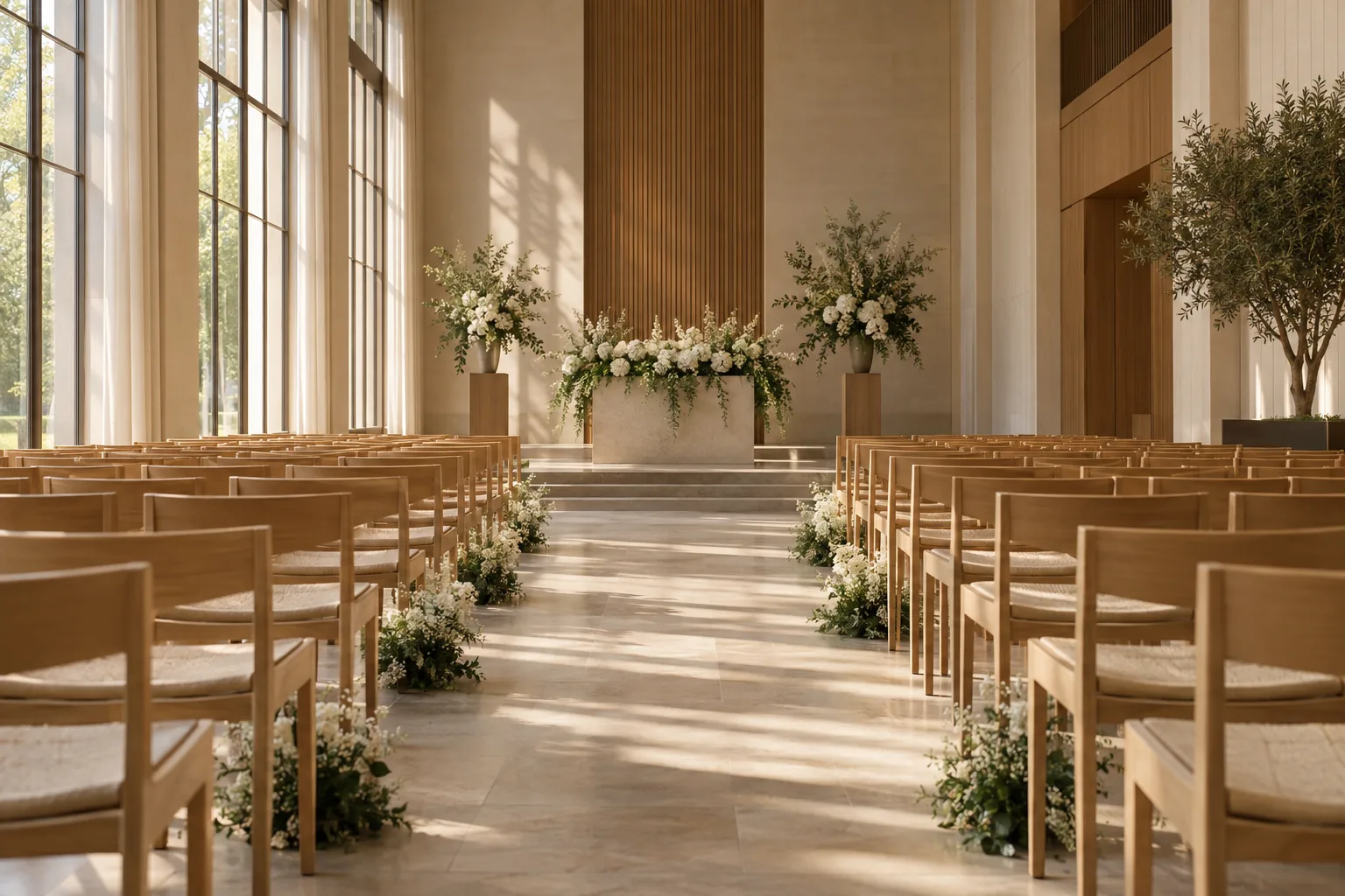 Feierhalle mit Stuhlreihen und weißen Blumen